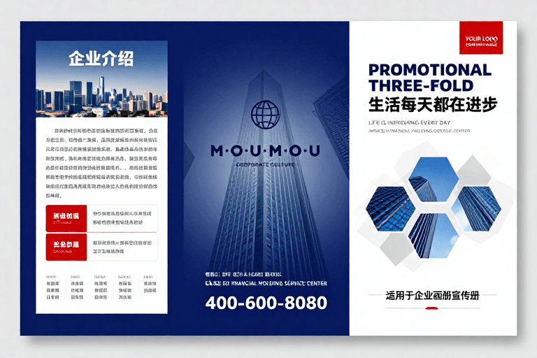 城市背景素材：现代商务三折页设计，深蓝渐变科技感金融宣传册