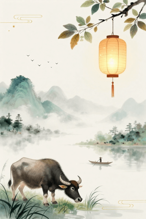 传统纹样素材：水墨山水意境：暖灯笼下的静谧田园