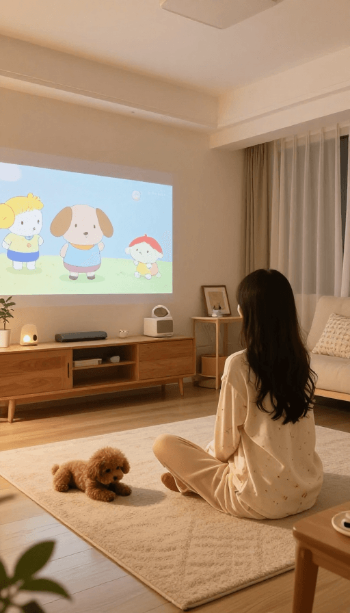 家居生活素材：动漫风温馨家居：少女与泰迪看投影的午后时光