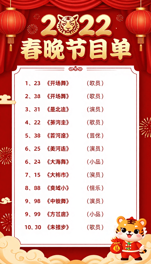 传统装饰素材：2022新春贺岁：立体红金春晚节目单海报