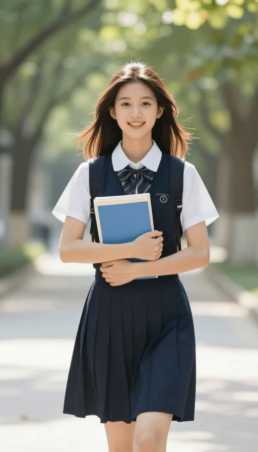 #校园风景素材：青春洋溢：活力女大学生校园林间漫步