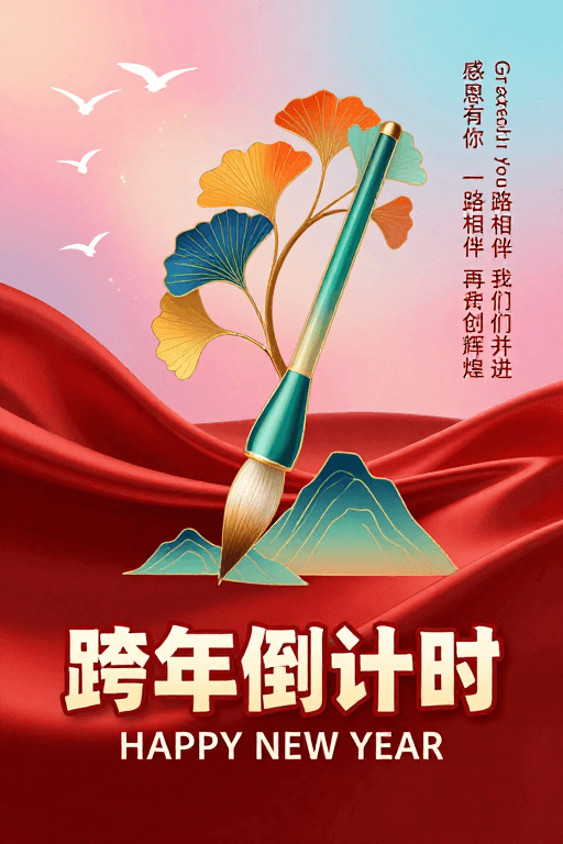 新国潮插画素材：新国潮跨年庆典：金色毛笔与梦幻光晕的年度启航