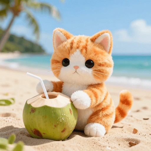 毛绒玩具素材：夏日海滨悠闲时光：毛绒猫咪与椰子的广告大片