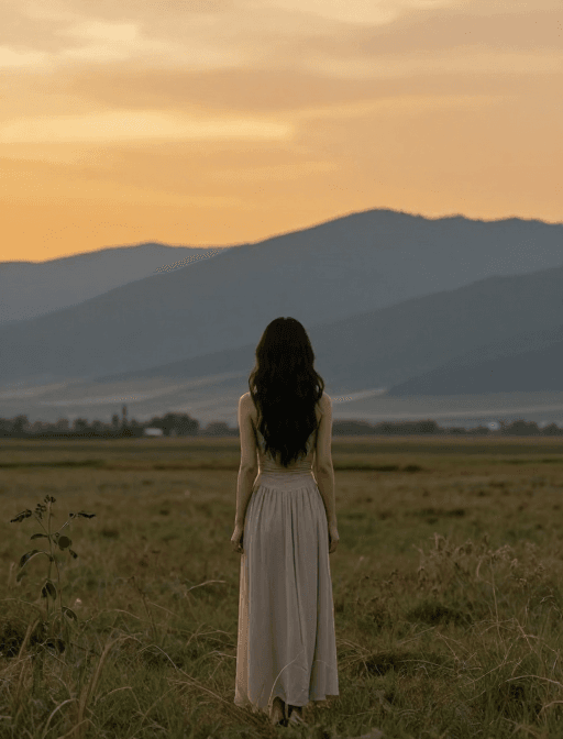 田野风光素材：夕阳背影：米色长裙女性田野秘境写真