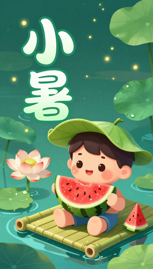 荷塘景色素材：小暑清凉海报：西瓜荷塘童趣插画