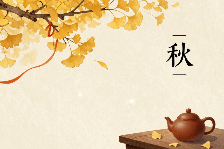 暖色调插画素材：秋韵静物：东方水墨银杏与茶壶的诗意瞬间