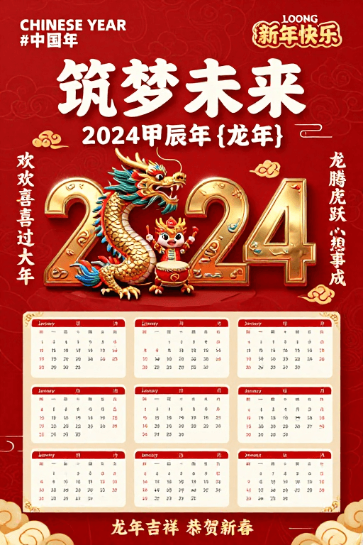 传统纹样装饰素材：金鳞神龙耀中华 2024龙年贺岁海报