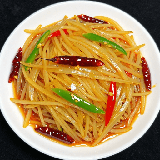 中式料理素材：传统中式酸辣土豆丝俯拍展示，油亮诱人
