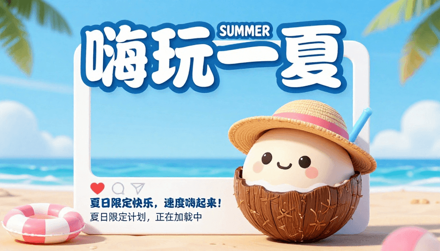 Q版设计素材：夏日嗨玩限定促销海报，Q版椰子可爱3D设计