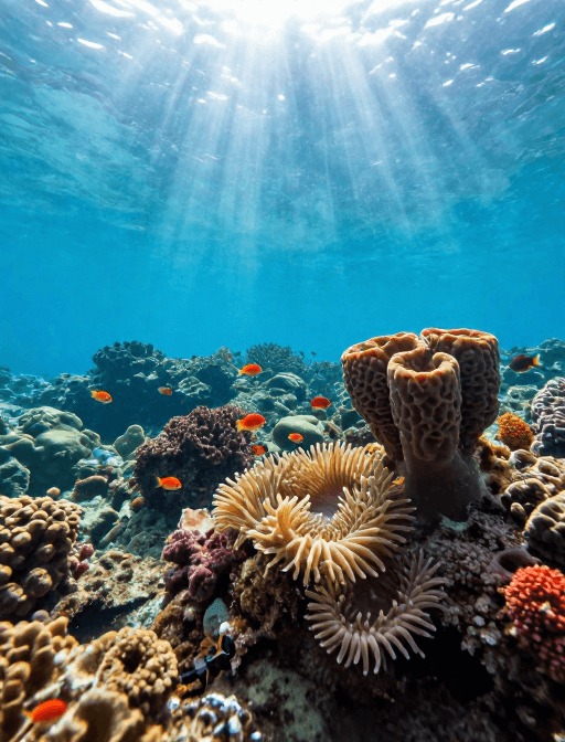 海底景观素材：梦幻深海奇观：阳光穿透水底照亮彩色生物世界