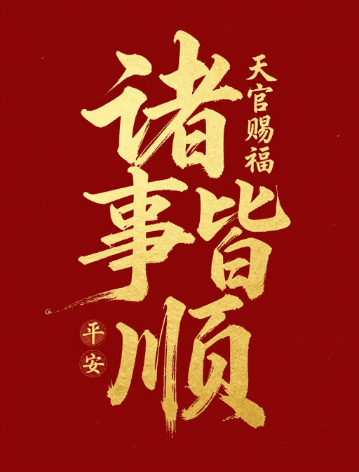 吉祥文字素材：国潮书法'诸事皆顺'红底金字显喜庆