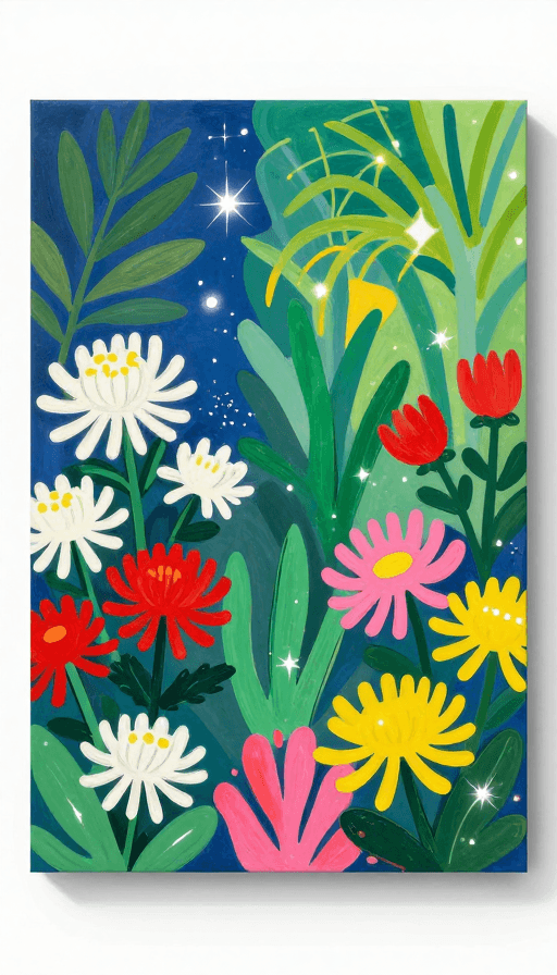 马蒂斯风格素材：马蒂斯风室内花园：抽象彩色花卉插画