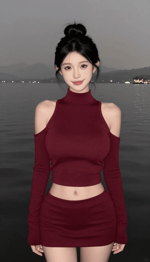 高清写真素材：酒红色礼服现代女神西湖夜景全身照