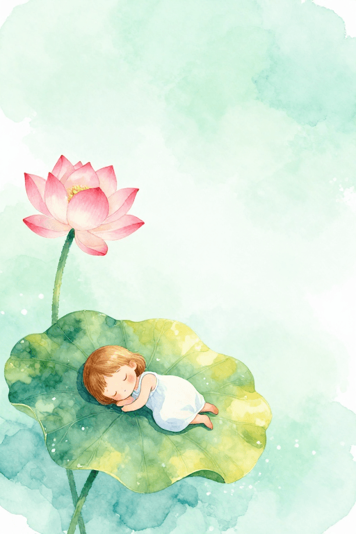 清新淡雅素材：水彩梦幻意境：安睡少女与莲花的宁静诗篇