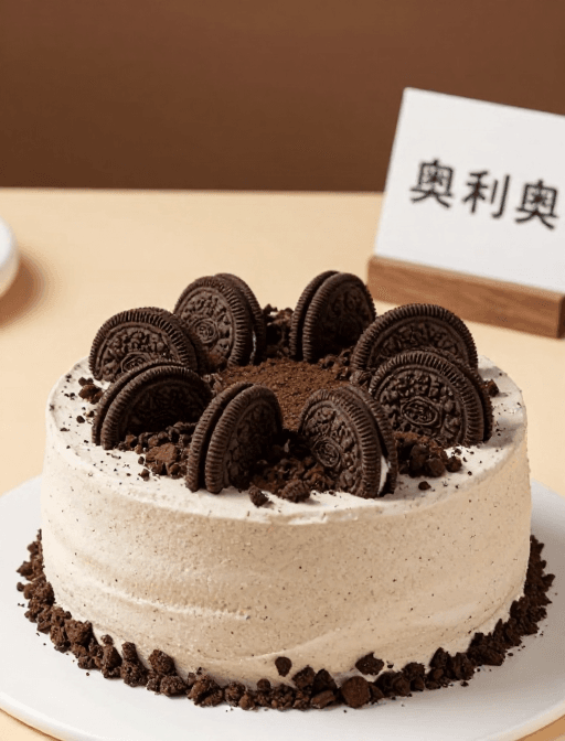 自然光素材：日式高级奥利奥冰淇淋蛋糕特写