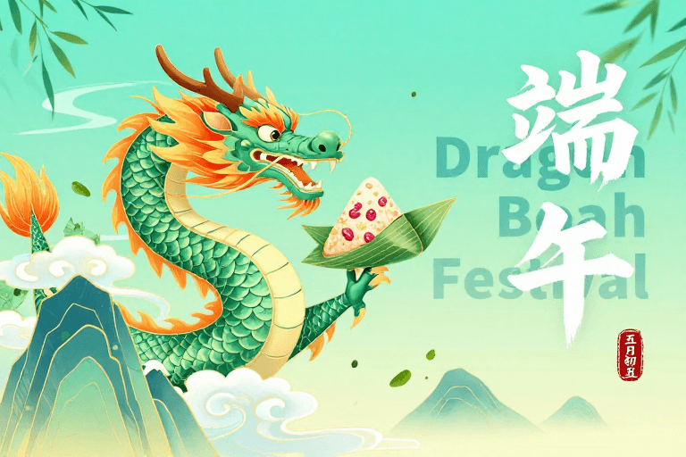 青绿色渐变素材：青绿渐变神龙腾跃：端午节传统与现代插画