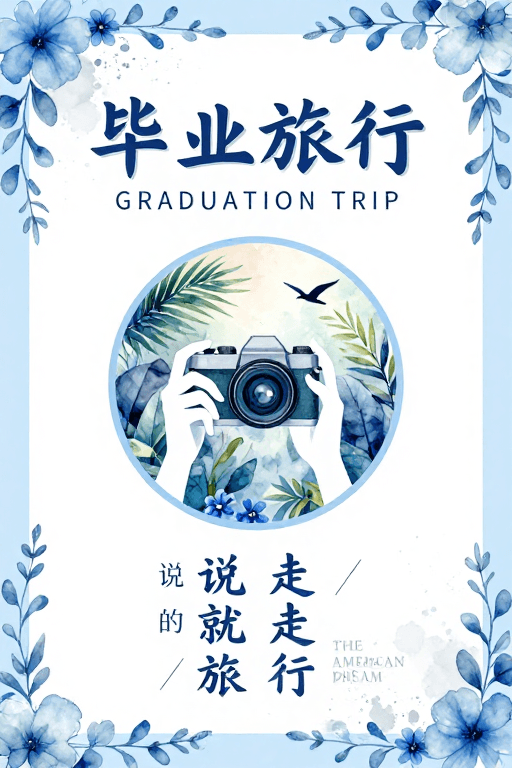 蓝白配色素材：清新水彩手绘蓝白毕业旅行诗意海报