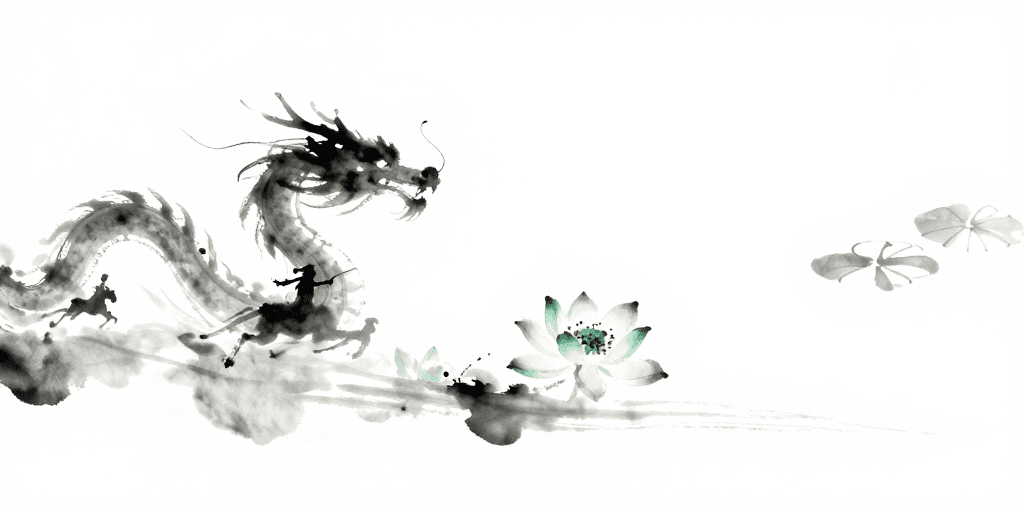 极简背景素材：水墨意境之御风龙影与莲花