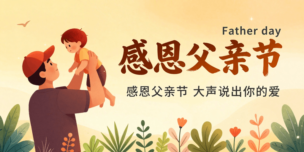 亲子温情素材：温情插画父亲节海报：父爱无声，爱在心底