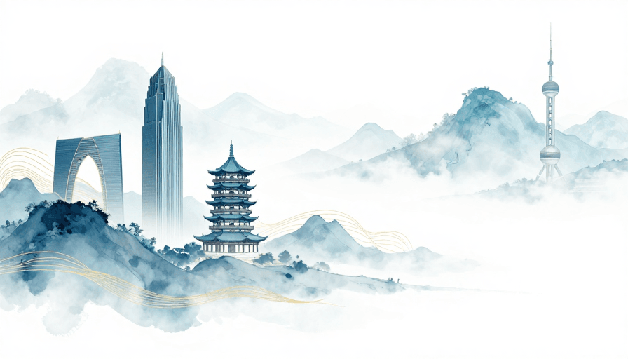 横向构图素材：青蓝水墨东方意境：现代与传统建筑交融的留白画卷