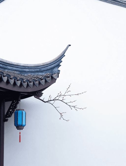 梅花意象素材：空灵东方禅韵：蓝白飞檐与梅花的静谧构图