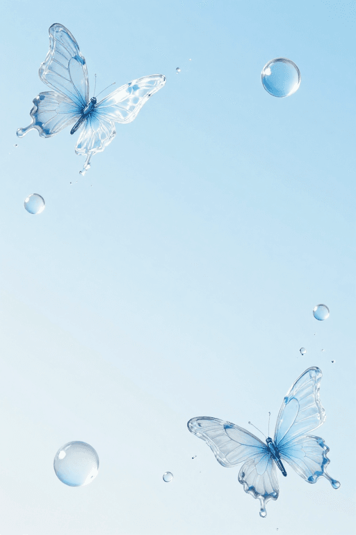 品牌背景素材：清新水韵留白艺术：通透蝴蝶与气泡背景