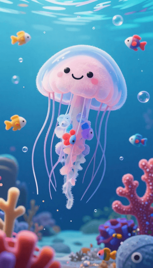 治愈风格素材：梦幻水下治愈世界毛绒水母微笑