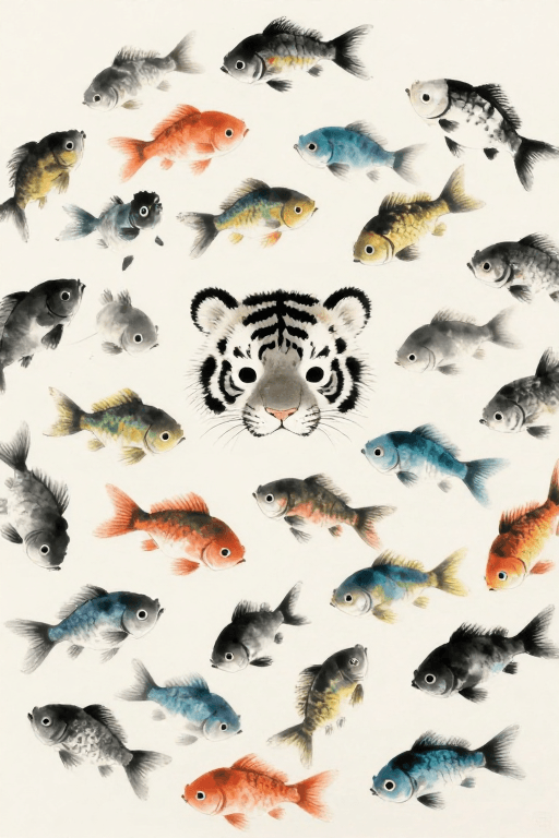 高清画质素材：水墨治愈：五彩游鱼与萌虎头的和谐画卷