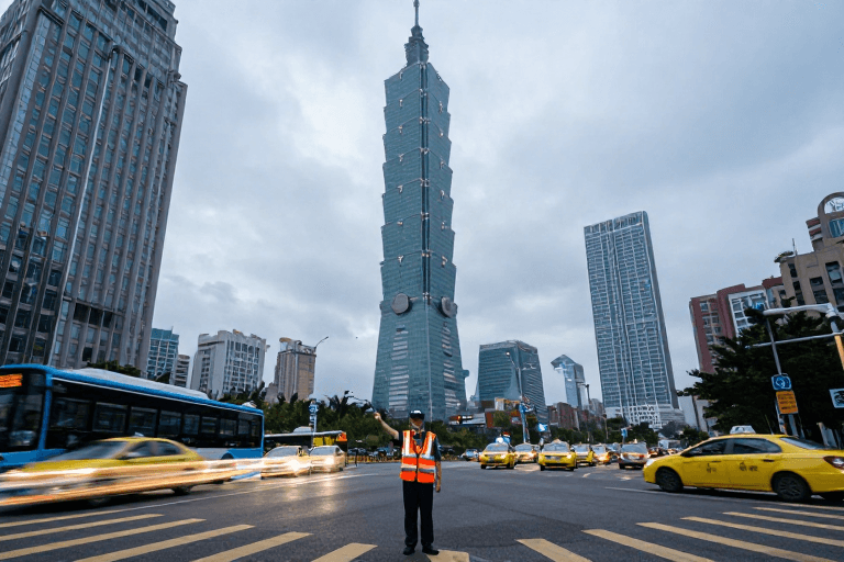 都市生活素材：台北都市车流光影：交通协管指引繁忙路口