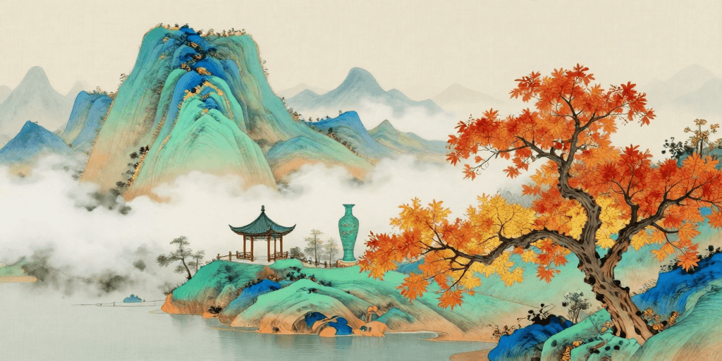 水墨工笔素材：青绿山水秋色图：传统工笔与数字工艺融合