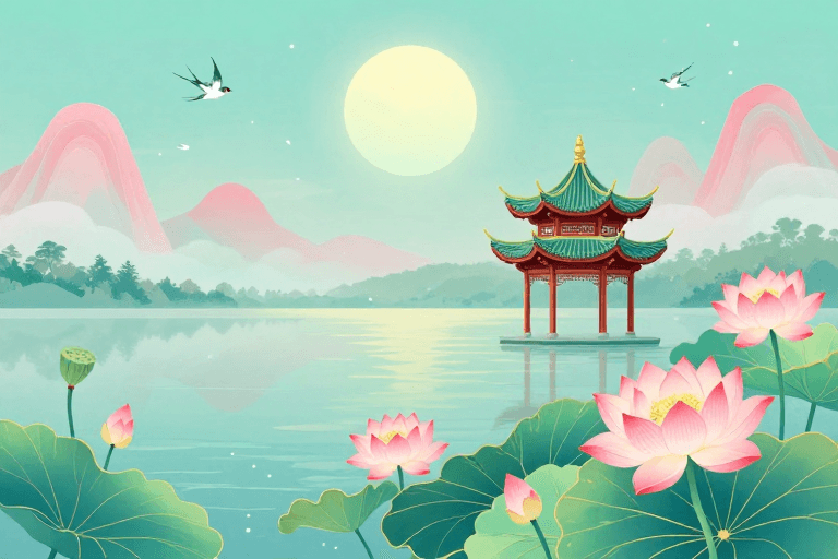 艺术海报素材：青绿月晕中式亭阁与荷塘意境插画