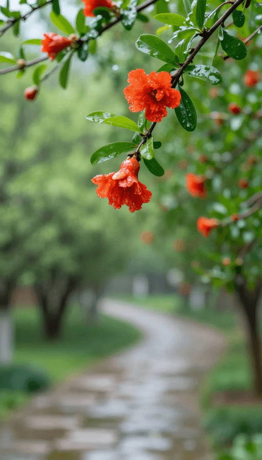 生态景观素材：春雨润石榴，生机盎然的小径风光