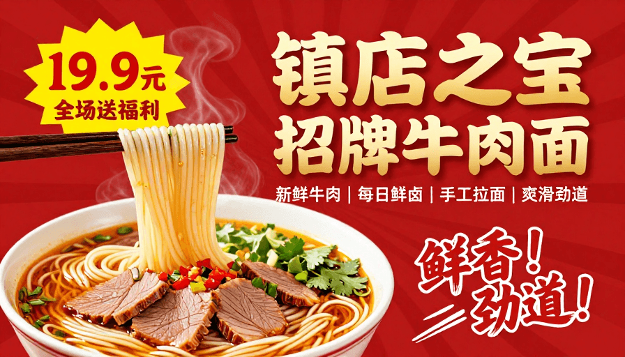 餐饮促销素材：招牌牛肉面：19.9元享鲜香劲道！红金促销视觉盛宴