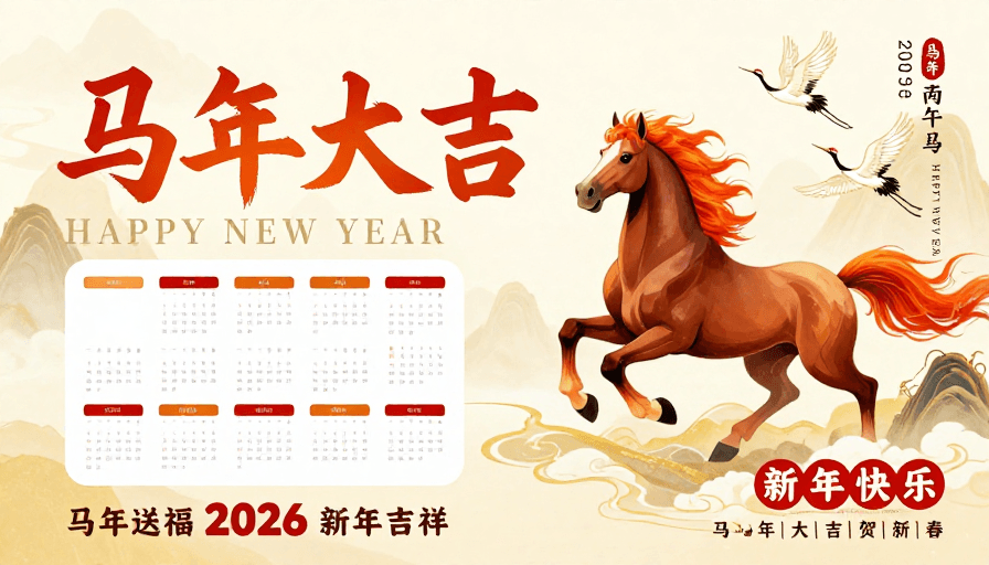 企业海报素材：2026马年大吉：水墨金韵新年贺岁海报