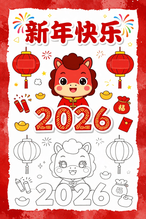 手绘插画素材：喜庆新年手绘贺岁海报，童趣红白泼墨风格