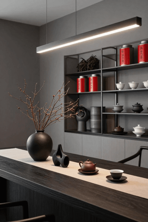 商业宣传图素材：现代高端茶室吧台场景，中性灰调光影氛围