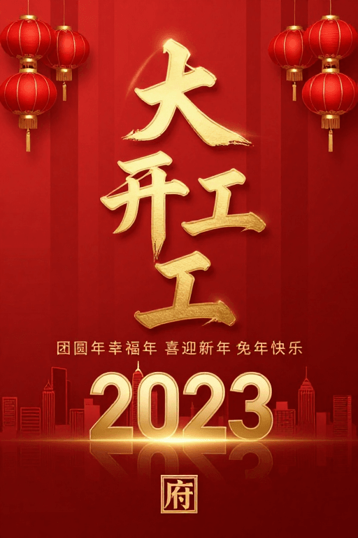 商业宣传素材：鎏金红韵新年开工：传统现代融合海报