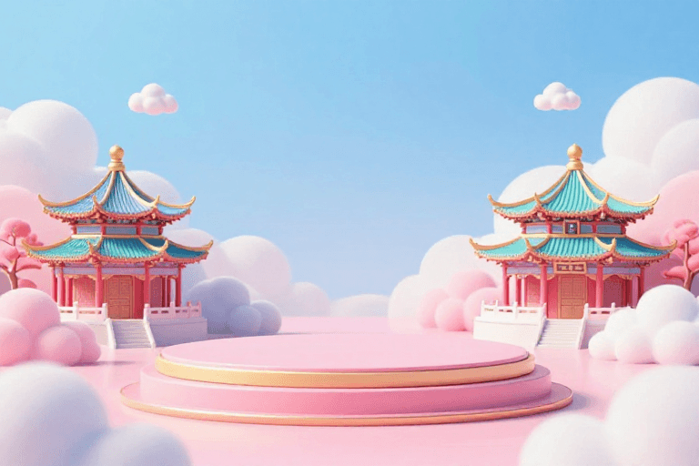 七夕主题素材：梦幻七夕展台：古风建筑与云景产品展示