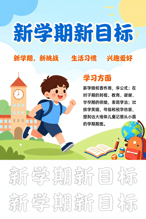 新学期素材：童趣校园海报：新学期目标启航