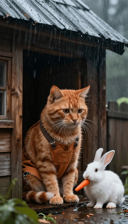 拟人化动物素材：雨夜伤怀的橘猫与小白兔
