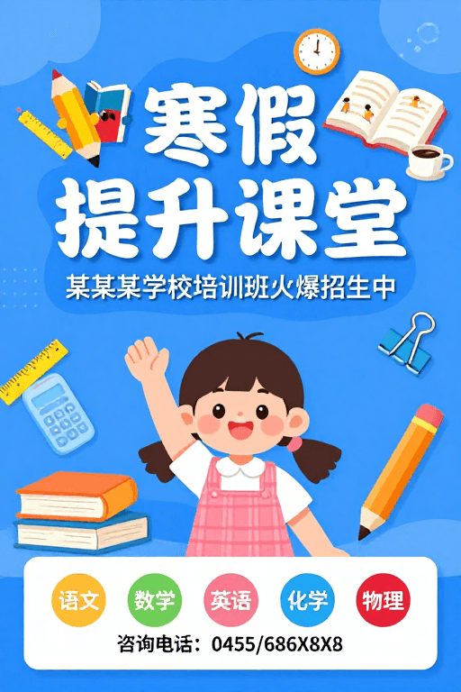 蓝色主调素材：寒假提升课堂：蓝色童趣学习海报