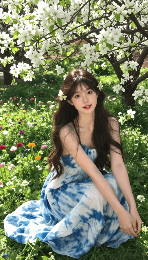 光影效果素材：阳光洒落，繁花中的静谧少女