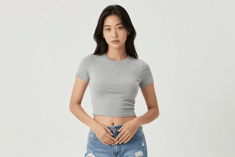 柔光拍摄素材：亚洲女性灰色罗纹T恤破洞牛仔裤写真