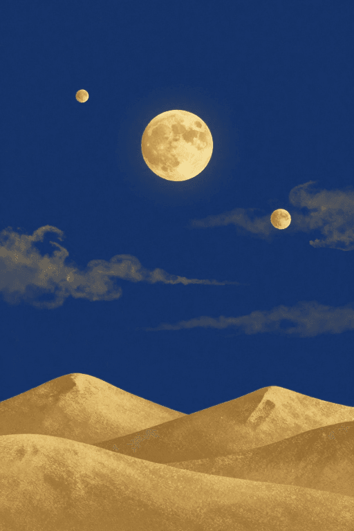 星空插画素材：深蓝夜空与金色月球：超现实梦幻画卷