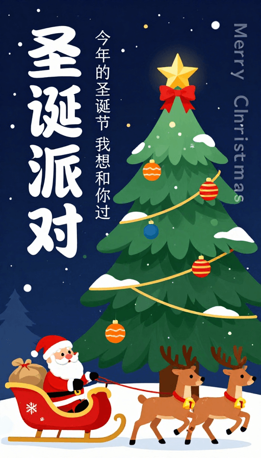矢量艺术素材：圣诞派对温馨海报，扁平化插画展现冬夜欢乐