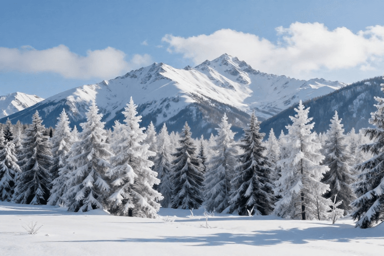 商业级品质素材：冷调雪原松林山景高清摄影