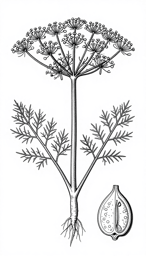 科学插图素材：伞形科植物科学插图：高精度黑白线稿