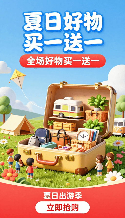 清新治愈风素材：夏日浪漫：复古露营行李箱与治愈风景