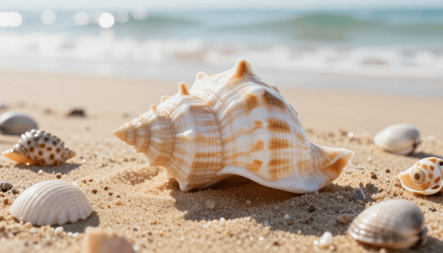 海洋生物素材：暖光下海滩海螺与贝壳的自然摄影