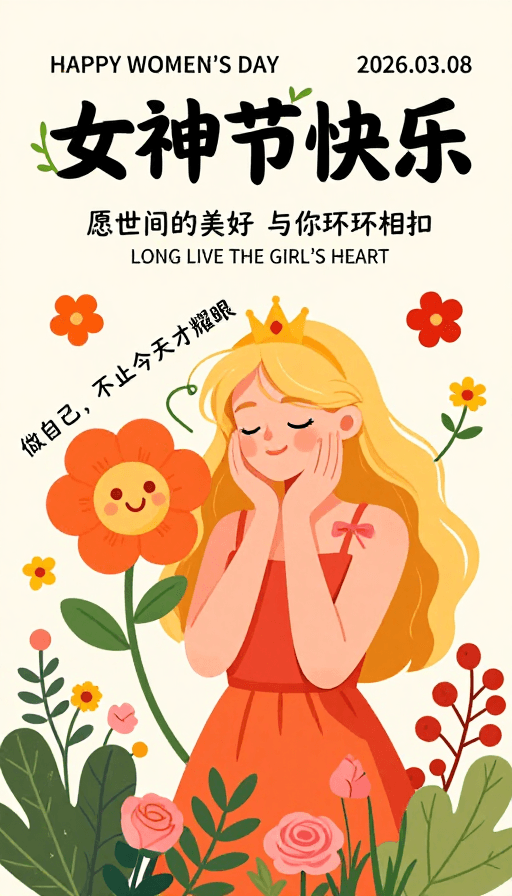 社交媒体素材：春日活力女神节插画海报，温暖明快女性力量主题